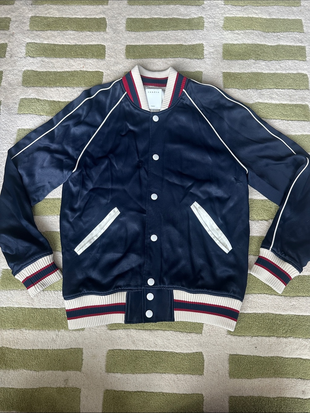 Sandro Navy Bomber Jacket with White and Red Trim